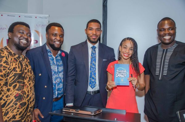 (L-R):Gbenga Sesan Executive Director Paradigm Initiative Nigeria, Oluwaseun Olaniyan; Otto Orondaam, Founder Slum2School; Chude Jidenowo, Managing Partner RED with Mrs. Ndidi Nwuneli, Founder LEAP Africa at her book launch, Reaching Millions with Impact in Lagos