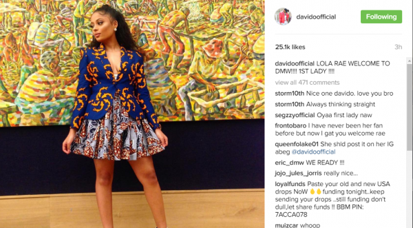The Instagram post which announced Lola Rae as the "first lady" of DMW