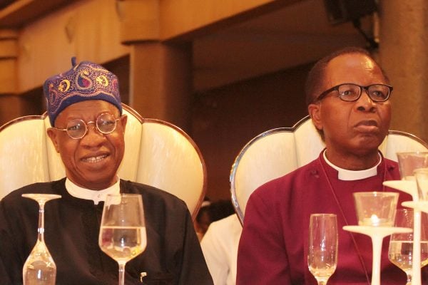 Minister of Information and Culture; Alhaji Lai Mohammed (left) and Dean Emeritus and Anglican Diocesan Bishop of Lagos, Most Rev. Dr. Ephraim Ademowo.