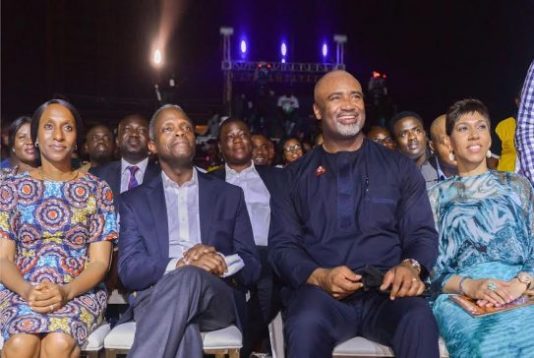 From left: Vice President's wife, Mrs. Dolapo and husband, Mr. Yemi Osibanjo; Convener/Pastor, House on the Rock, Mr. Pastor Paul Adefarasin and wife, Pastor Ifeanyi at the night of The Experience 2016' tagged' Revealing Jesus! held at the Tafawa Balewa Square (TBS) in Lagos..on Friday