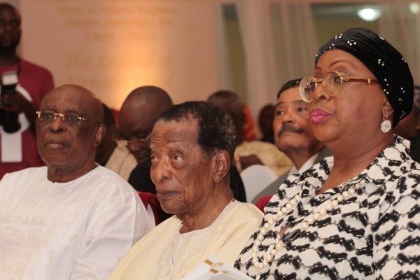 From left: Former Governor of Ogun State, Otunba Segun Osoba; Chief Christopher Ogunbanjo and daughter, Mrs. Olayemi Shonekan.at the service of songs for late Olorogun Michael Onajirhebe Ibru, held at Harbour Point, Victoria Island in Lagos yesterday..PHOTO BY AKINWUNMI IBRAHIM