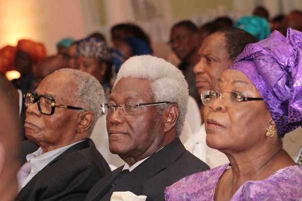 From left: Chief Blessing Clarke; Mr. Akin Adegboye and wife, Mrs. Yinka....at the service of songs for late Olorogun Michael Onajirhebe Ibru, held at Harbour Point, Victoria Island in Lagos yesterday..PHOTO BY AKINWUNMI IBRAHIM