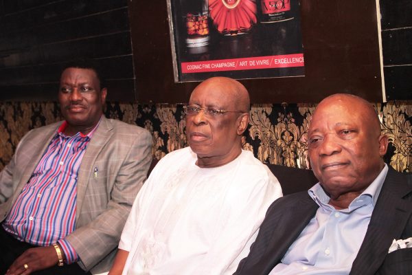 From left: President Lagos Lawn Tennis Club, Barr. Rotimi Edu; Former Governor of Ogun State, Aremo Segun Osoba and Chief Executive Officer, Premiere Lotto, Chief Kesington Adebutu.