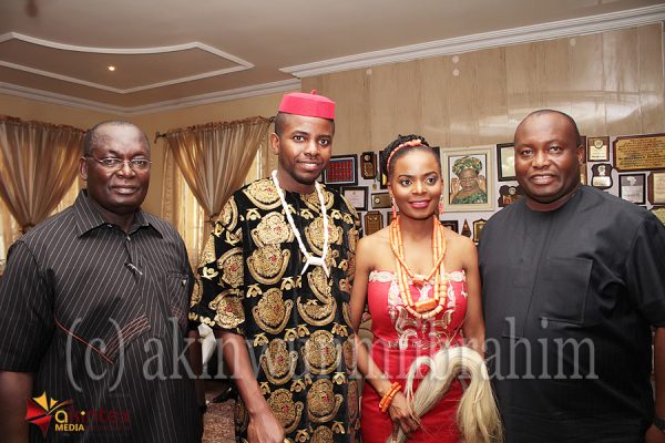 Bride's father, Dr. Chike Akunyili; Groom, Dr. Nonso Asuzu; Bride, Dr. Somto Akunyili and Chairman, Capital Oil, Chief Ifeanyi Uba; during the traditional marriage/wedding ceremony of the couple in Agulu, Anambra State on Saturday