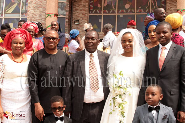 From left: Former Minister for Women Affairs, Mrs. Josephine Anenih; Former Governor of Anambra State, Dr. Peter Obi; Bride's father, Dr. Chike Akunyili; Bride, Dr. Somto Akunyili and her husband, Dr. Nonso Asuzu; after the wedding ceremony of their children at the Madona Catholic Church, Agulu in Anambra State..on Saturday