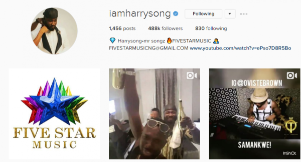 Harrysong's Instagram page
