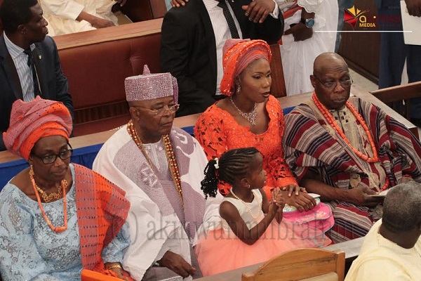 From left: Wife of the Former President, Mrs. Bola; Alake of Egbaland, Oba Adedotun Gbadebo; Mrs. Bunmi Obasanjo-Williams and Former President, Olusegun Obasanjo; during the wedding ceremony of their children held at Methodist Church of the Trinity, Tinubu, Lagos, on Saturday...PHOTO BY AKINWUNMI IBRAHIM