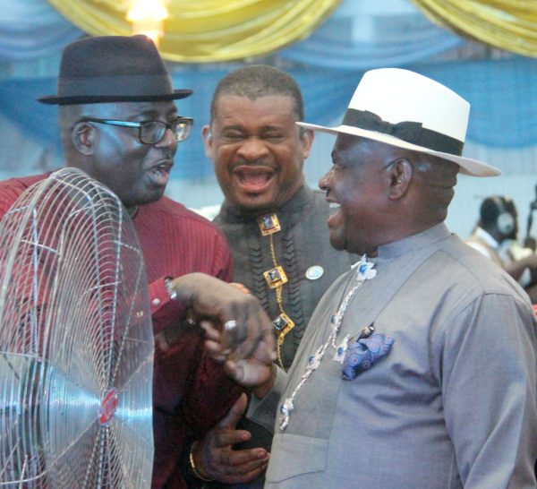 L-R Hon Prince Chibudom Nwuche, Former Deputy Speaker, House of Representatives; Sen Lee Maeba and Governor Nyesom Wike during the Rivers State Golden Jubilee Awards and houours Night Weekend in Port Harcourt. Photo: Nwankpa Chijioke