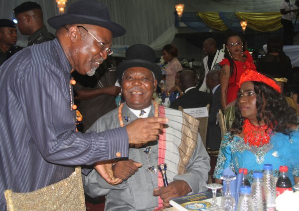 L-R Dr Abiye Sekibo, Chairman of the Occassion; King Alfred Diete Spiff, Amayanabo of Twon Brass with his Wife Victoria Diete Spiff during the Rivers State Golden Jubilee Awards and houours Night Weekend in Port Harcourt. Photo: Nwankpa Chijioke