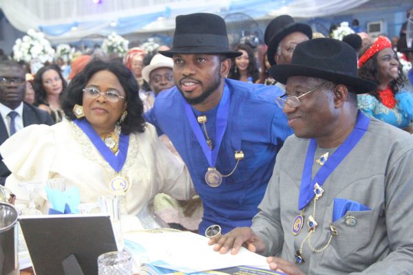 Ex-President, Goodluck Jonathan[R] with His Wife, Dame Patience Jonathan[L] and Ex- Super Eagles Captain, Joseph Yobo [M] during the Rivers State Golden Jubilee Awards and houours Night Weekend in Port Harcourt. Photo: Nwankpa Chijioke