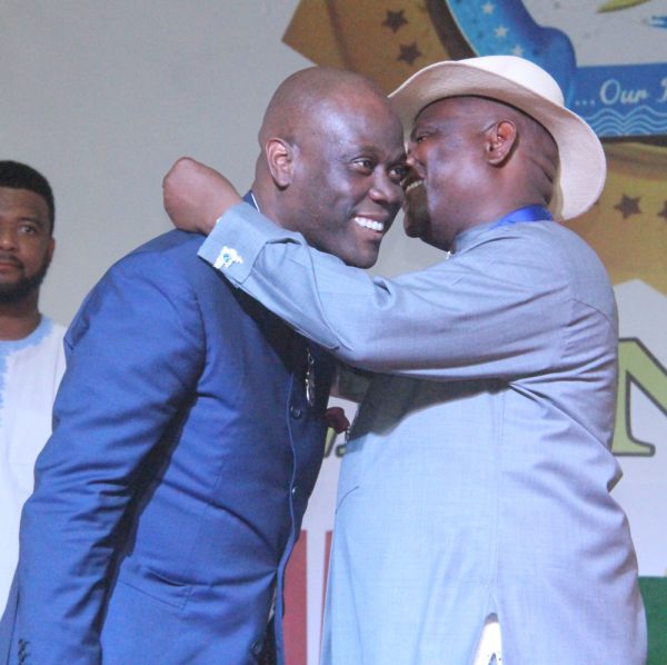 R-L Rivers State Governor, Nyesom Wike Presenting the Distinguish Service Star of Rivers State Award [DSSRS] to Herbert Wigwe, MD Access Bank during the Rivers State Golden Jubilee Awards and houours Night Weekend in Port Harcourt. Photo: Nwankpa Chijioke