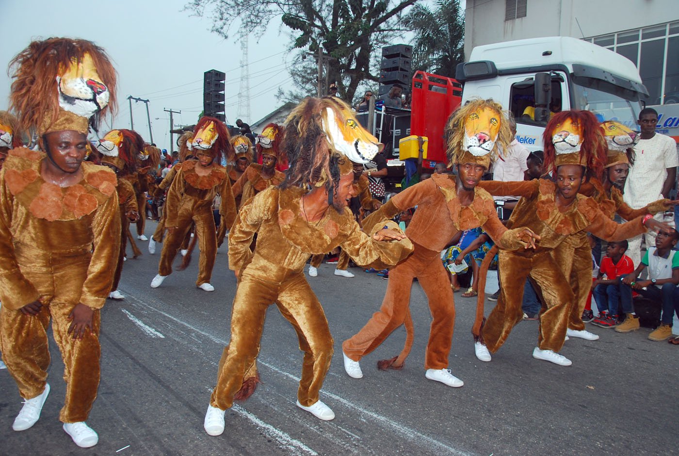 Members of Masta Blasta Band with Lion Costume during the Main Event of the 2017 Carnival Calabar in Cross River State Yesterday. Photo: Nwankpa Chijioke