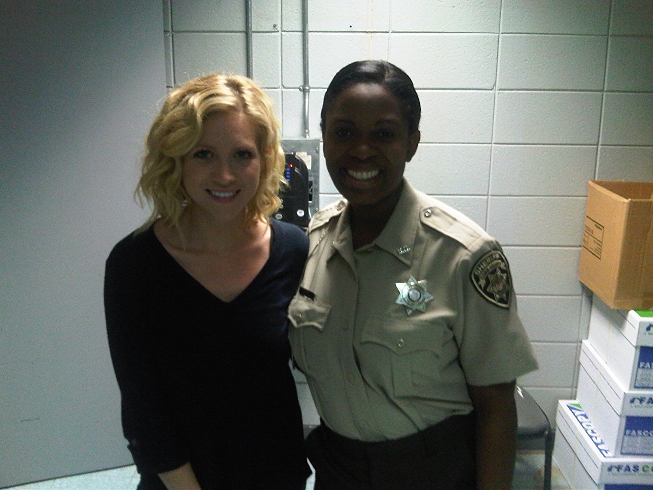 Sope Aluko and Brittany Snow on the set of "96 Minutes"