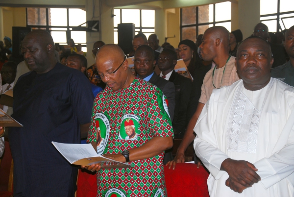 R-L Enugu State Governor, Ifeanyi Ugwuanyi; Dr Nkem Okeke, Deputy Governor of Anambra State and Rt Hon Edward Ubosi, Speaker Enugu State House of Assembly during Service of Songs in Honour of Late Dr Alex Ekwueme, Former Vice President of Nigeria Yesterday at the Cathedral Church of the Good Shepherd in Enugu. Photo: Nwankpa Chijioke