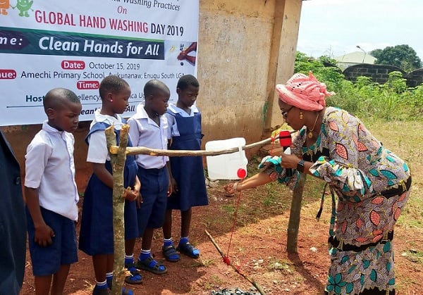 reactions as Enugu first lady constructs tippy taps for primary school pupils