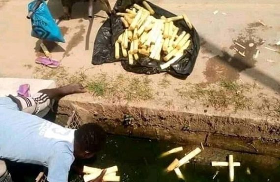 Outrage as trader retrieves sugarcane sticks from culvert for sale