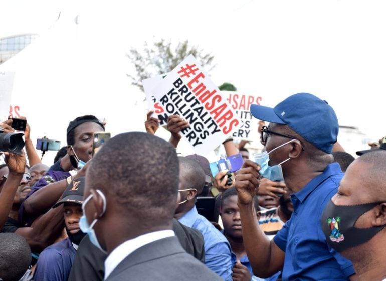 VIDEO: #EndSARS protesters shush Sanwo-Olu with Davido's 'FEM'