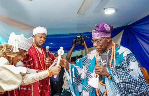 PHOTOS: Obasanjo turns up as Stephanie Coker, husband bag chieftaincy titles in Ogun