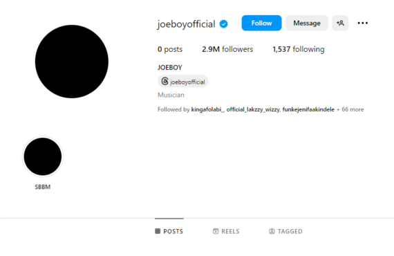 Joeboy deletes all posts on IG, adopts black profile photo