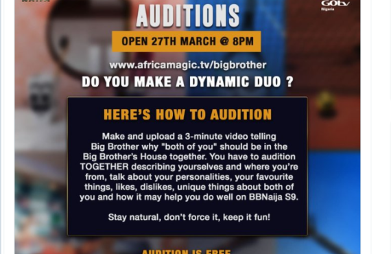 Contestants to audition in pairs for BBNaija season 9
